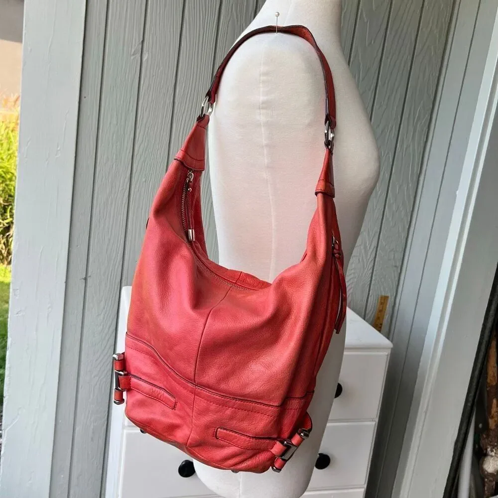 VTG B. Makowsky Coral Red Leather Hobo Bag | Slouchy Bucket Shoulder Purse